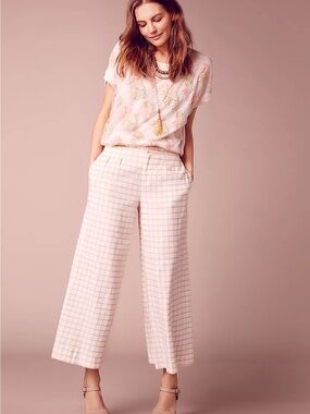 Anthropology elevenses Windowpane Culottes Wide-Leg Crop Linen Pants
